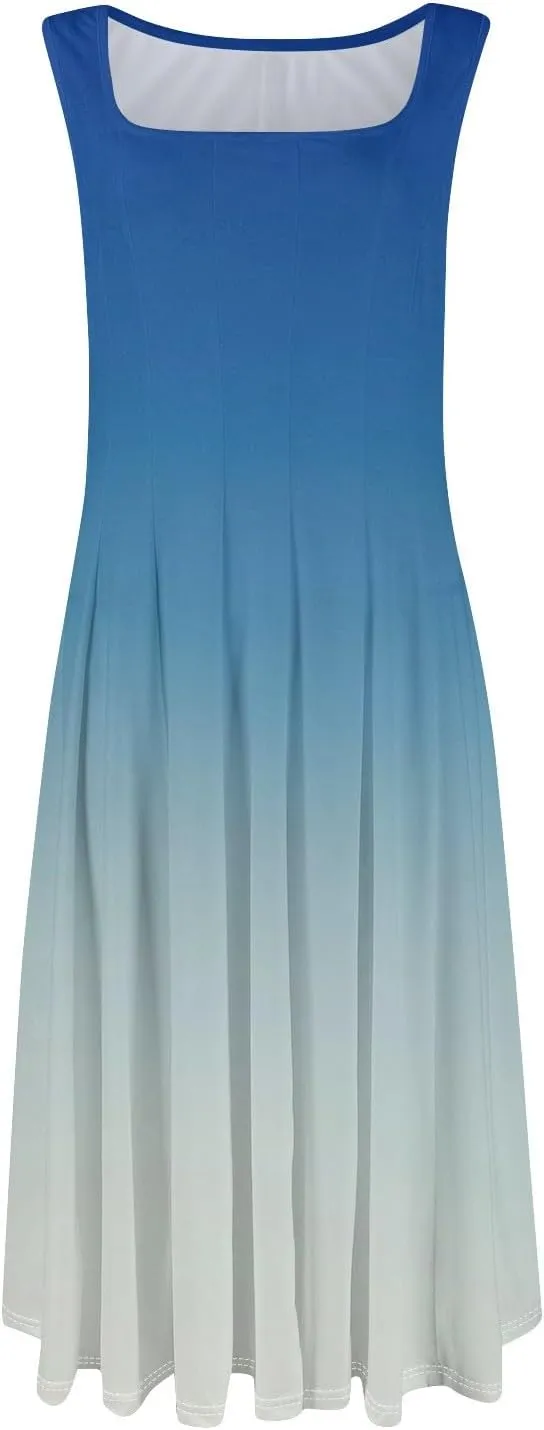 Womens Cocktail Sundresses,Formal Crew Neck Plus Size A Line Midi Dresses Casual Floral Smocked Flowy Tank Dress