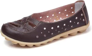 Women's Comfortable Leather Loafers Slip On Walking Flats Casual Round Toe Moccasins Wild Nurse Orthopedic in Hollow Sandals Summer Slip-On 2025 Driving Breathable Fashion Soft Shoes