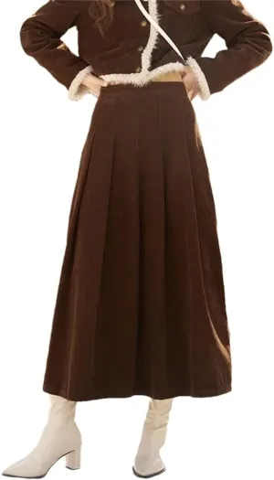 Women's Cotton Corduroy Skirt Crop Coat Separately Winter Lapel Warm Retro Pleated Midi Skirts