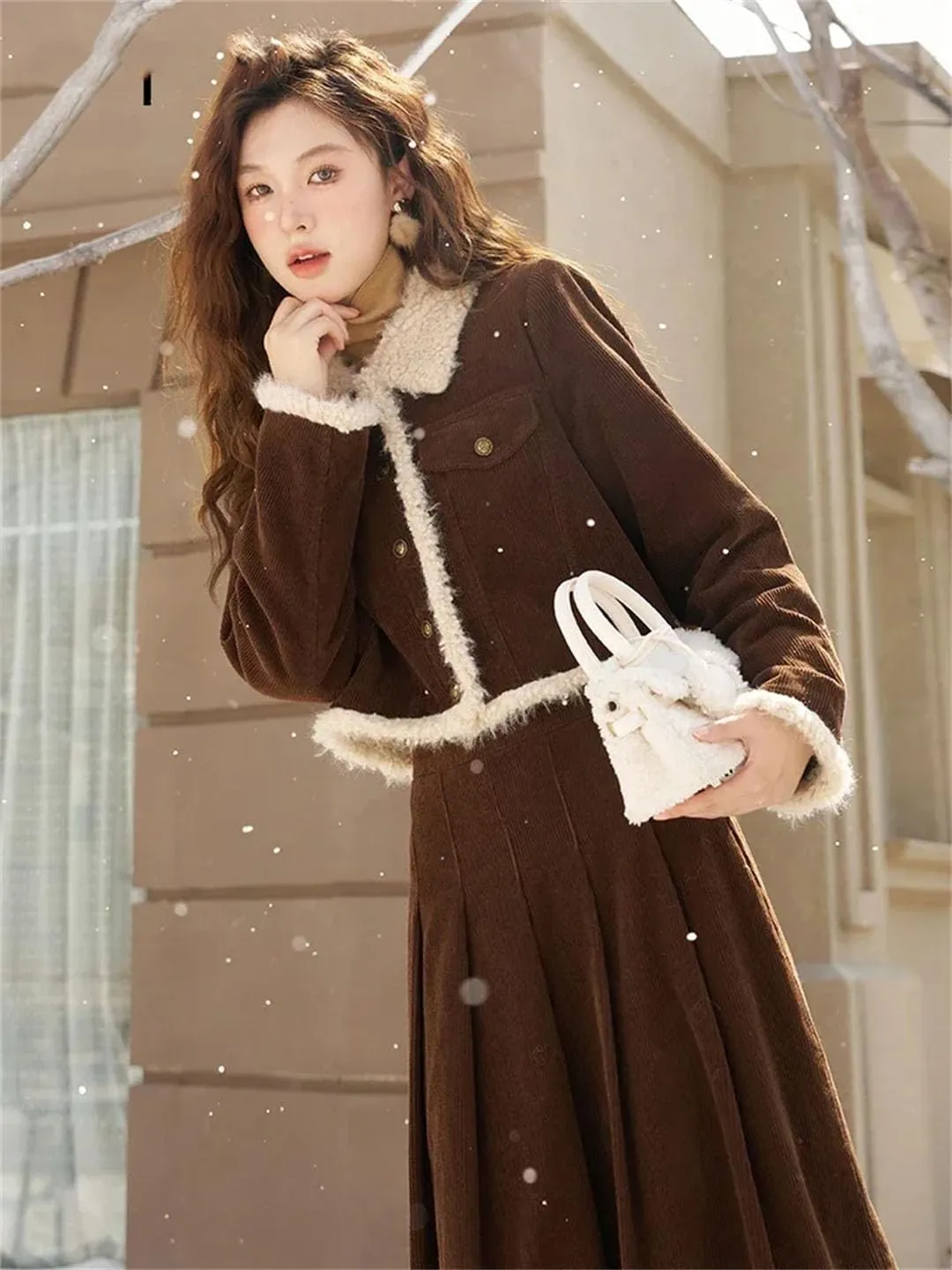 Women's Cotton Corduroy Skirt Crop Coat Separately Winter Lapel Warm Retro Pleated Midi Skirts