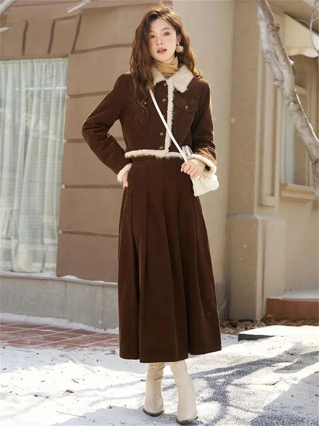 Women's Cotton Corduroy Skirt Crop Coat Separately Winter Lapel Warm Retro Pleated Midi Skirts