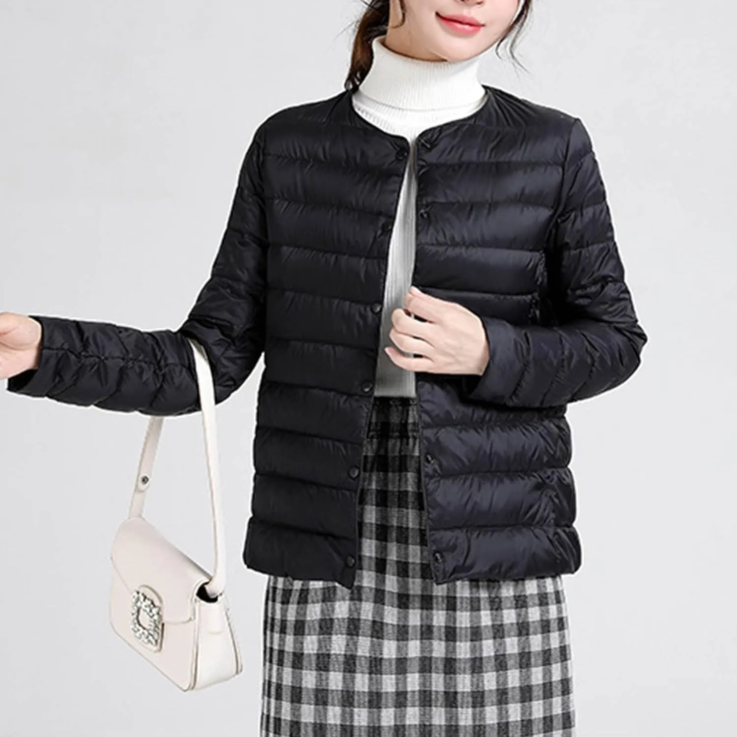 Women's Cotton Jacket Winter Warm Snow Coat Fashion Solid Color Long Sleeves Button Lightweight Down Jackets