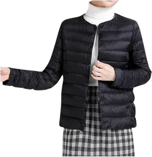 Women's Cotton Jacket Winter Warm Snow Coat Fashion Solid Color Long Sleeves Button Lightweight Down Jackets