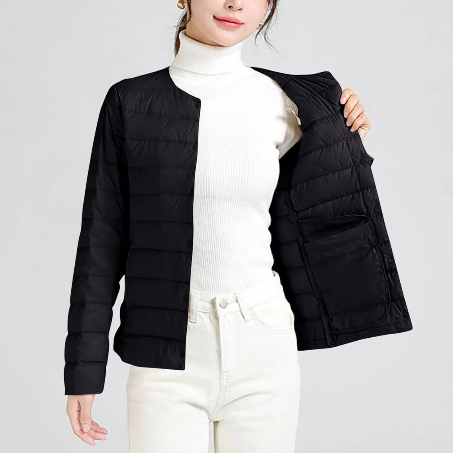 Women's Cotton Jacket Winter Warm Snow Coat Fashion Solid Color Long Sleeves Button Lightweight Down Jackets