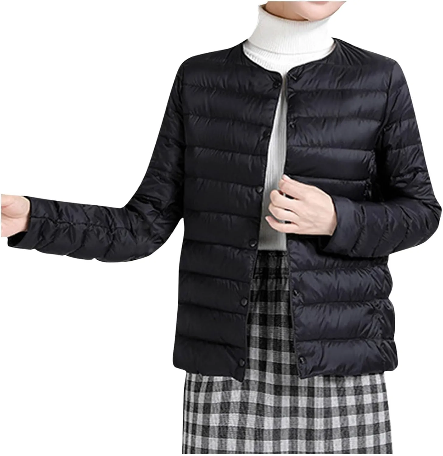 Women's Cotton Jacket Winter Warm Snow Coat Fashion Solid Color Long Sleeves Button Lightweight Down Jackets