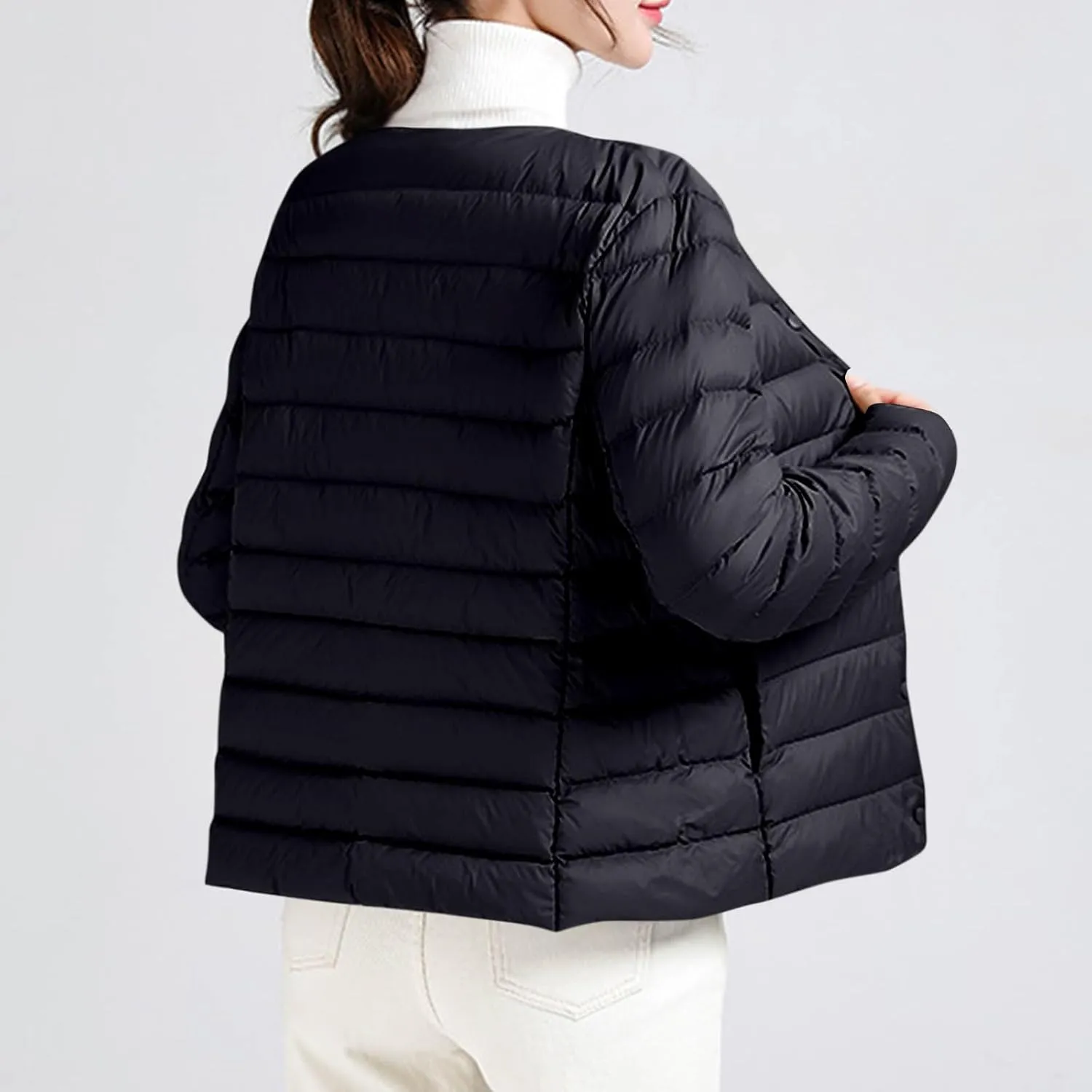 Women's Cotton Jacket Winter Warm Snow Coat Fashion Solid Color Long Sleeves Button Lightweight Down Jackets