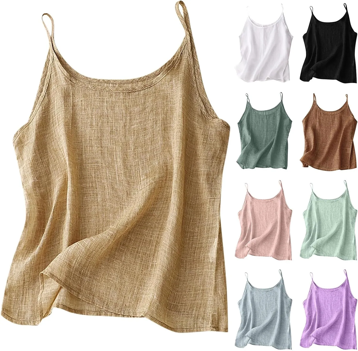 Womens Cotton Linen Camisole Tank Tops Sleeveless Spaghetti Strap Top Solid Color Blouses Summer Flowy Outfits