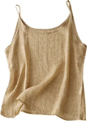 Womens Cotton Linen Camisole Tank Tops Sleeveless Spaghetti Strap Top Solid Color Blouses Summer Flowy Outfits