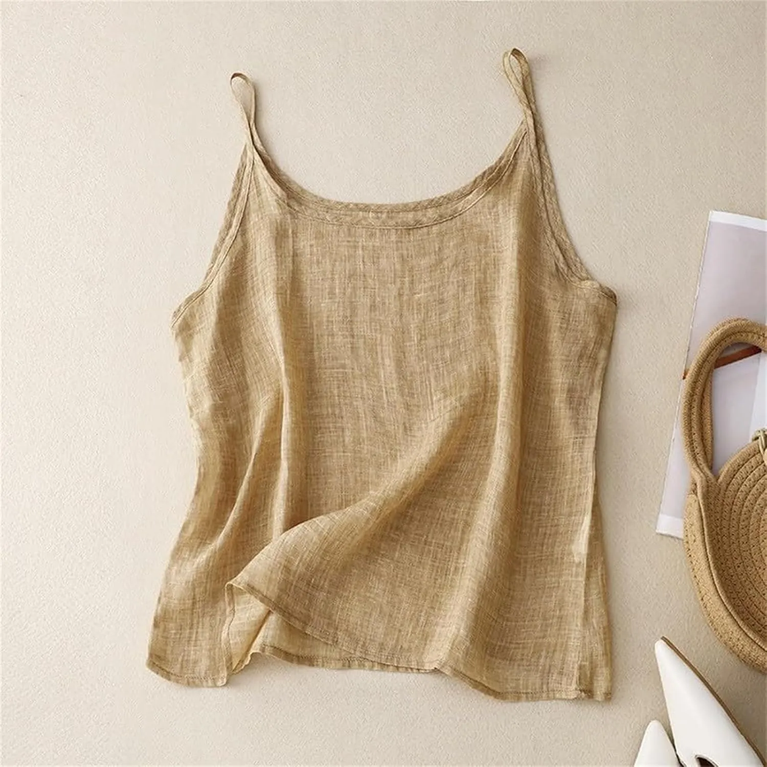 Womens Cotton Linen Camisole Tank Tops Sleeveless Spaghetti Strap Top Solid Color Blouses Summer Flowy Outfits