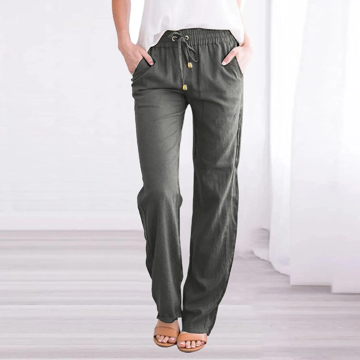 Women's Cotton Linen Pants Casual Loose High Waist Casual Wide Capri Pants Elastic Summer Beach Trousers with Pockets