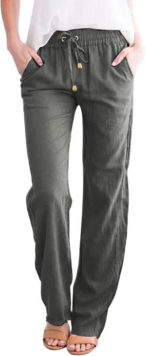 Women's Cotton Linen Pants Casual Loose High Waist Casual Wide Capri Pants Elastic Summer Beach Trousers with Pockets