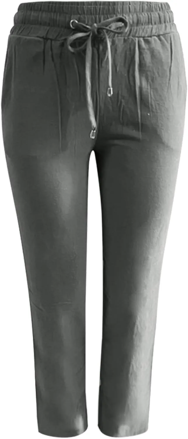Women's Cotton Linen Pants Casual Loose High Waist Casual Wide Capri Pants Elastic Summer Beach Trousers with Pockets