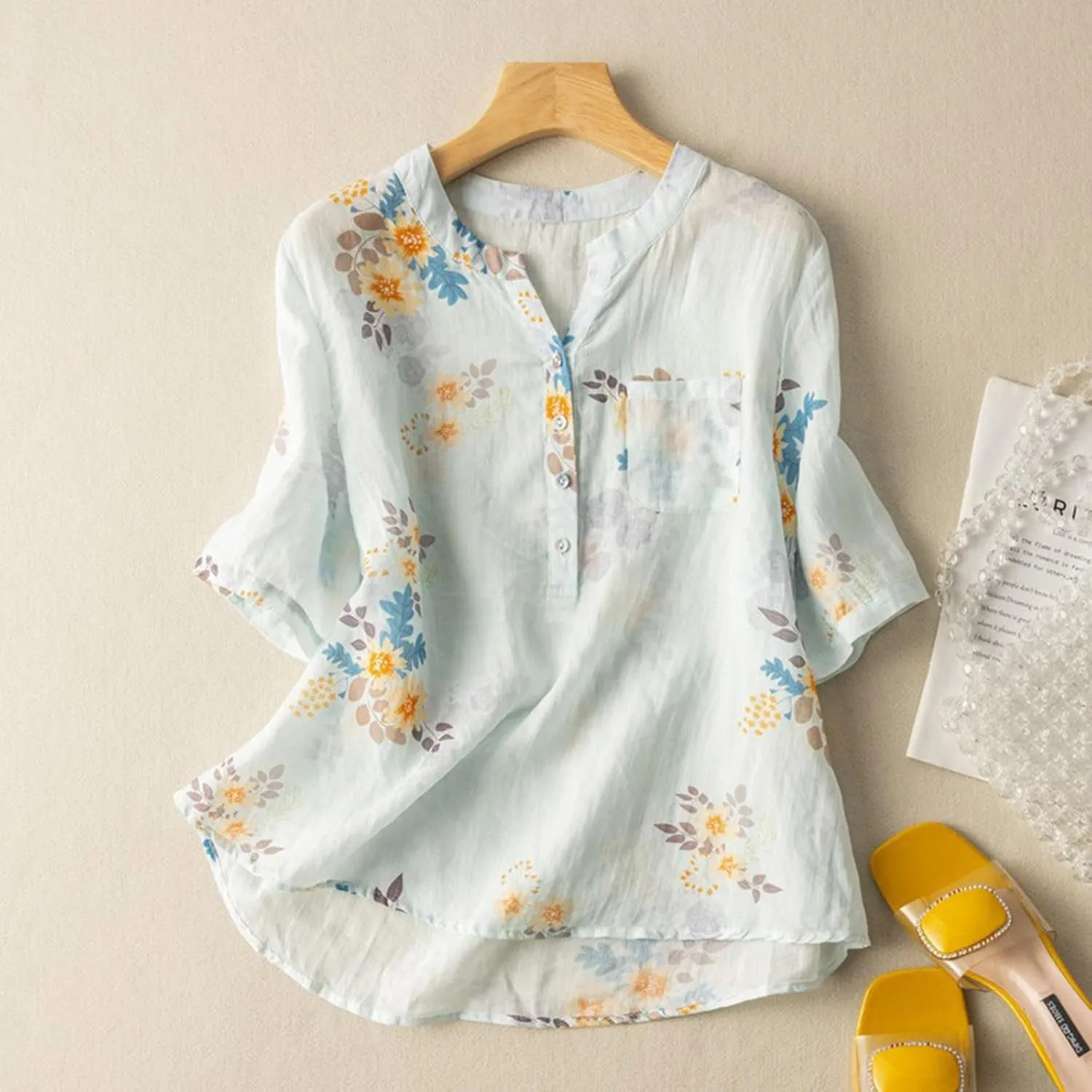 Women's Cotton Linen Short Sleeve T-Shirt Summer Boho Floral Print Tops Casual V Neck Button Down Blouse with Pocket