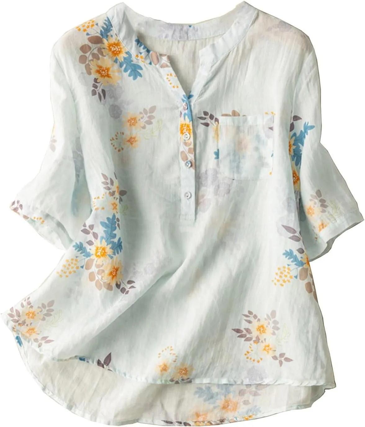 Women's Cotton Linen Short Sleeve T-Shirt Summer Boho Floral Print Tops Casual V Neck Button Down Blouse with Pocket