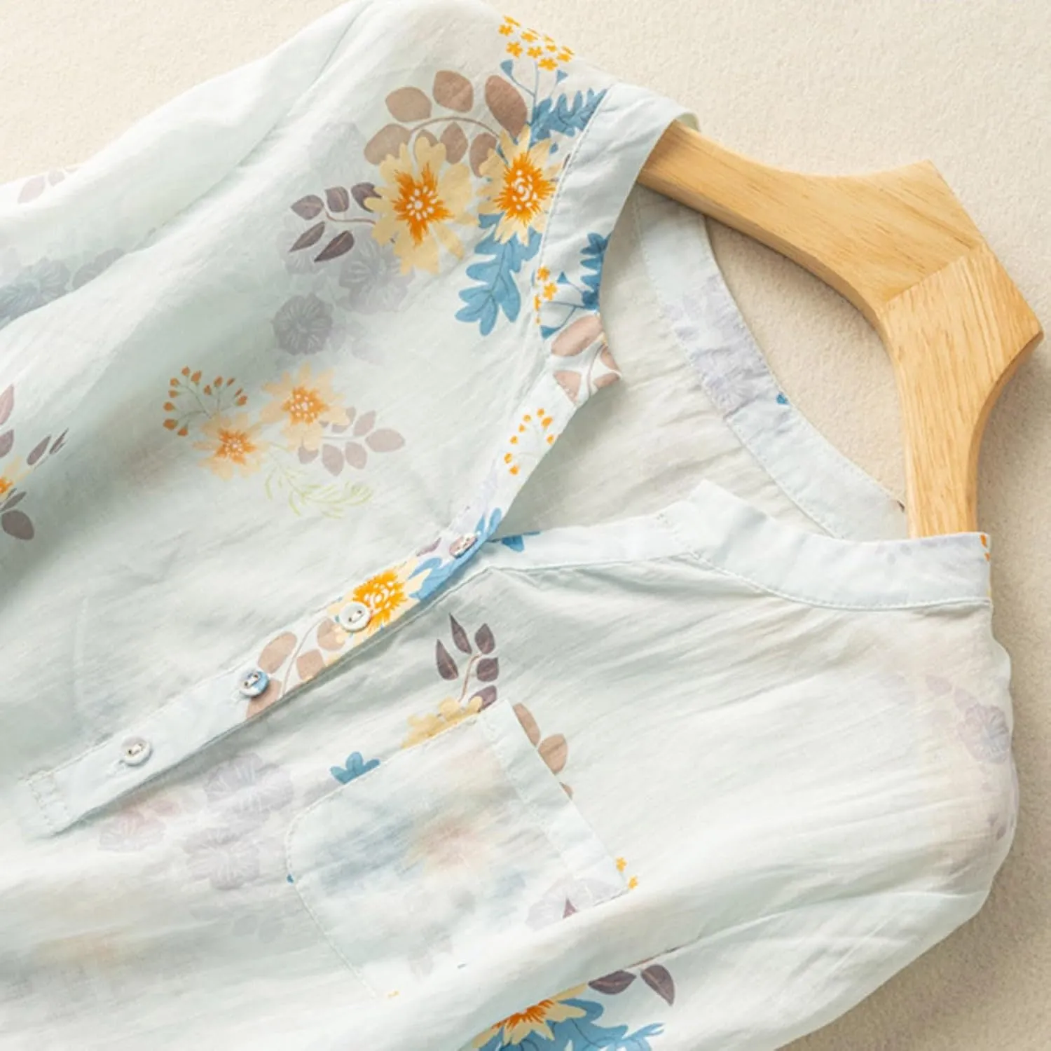 Women's Cotton Linen Short Sleeve T-Shirt Summer Boho Floral Print Tops Casual V Neck Button Down Blouse with Pocket