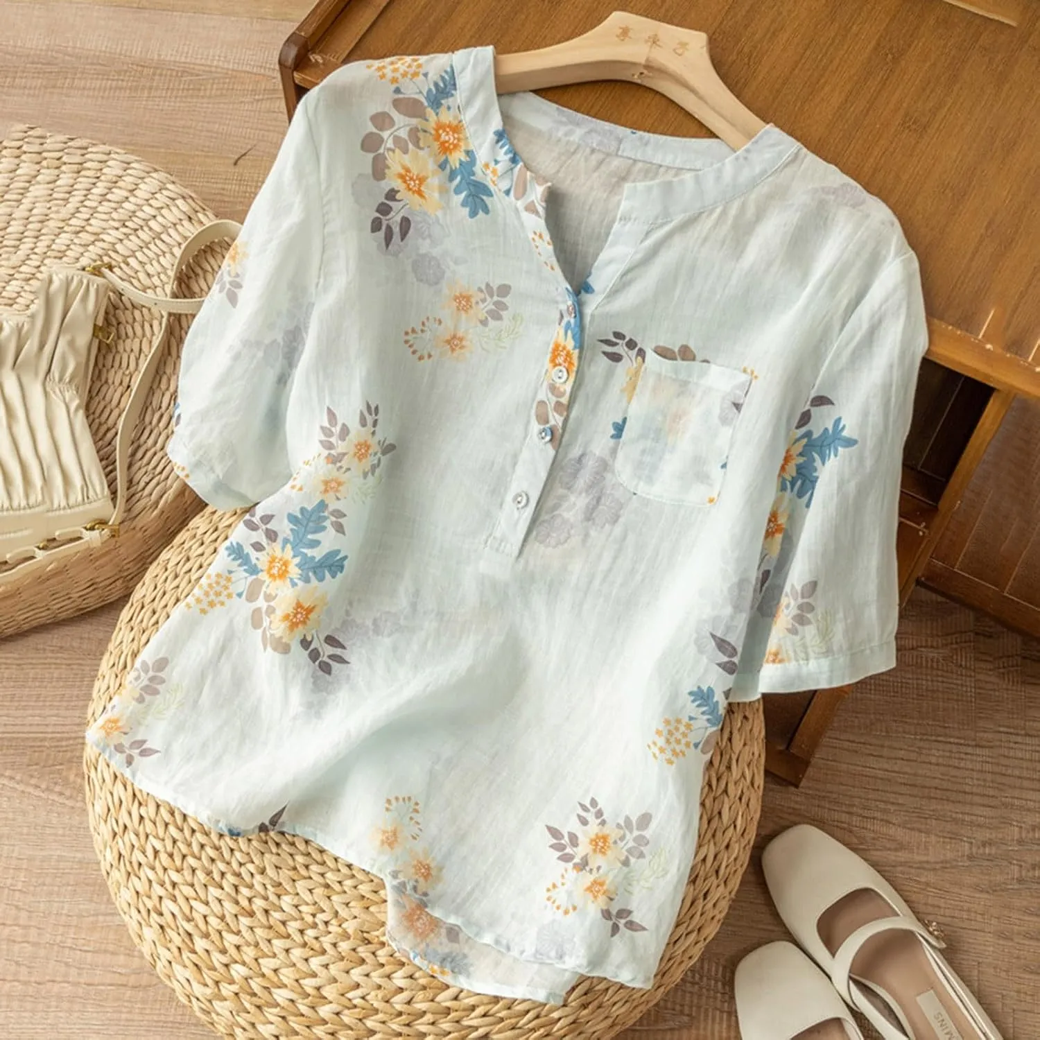 Women's Cotton Linen Short Sleeve T-Shirt Summer Boho Floral Print Tops Casual V Neck Button Down Blouse with Pocket
