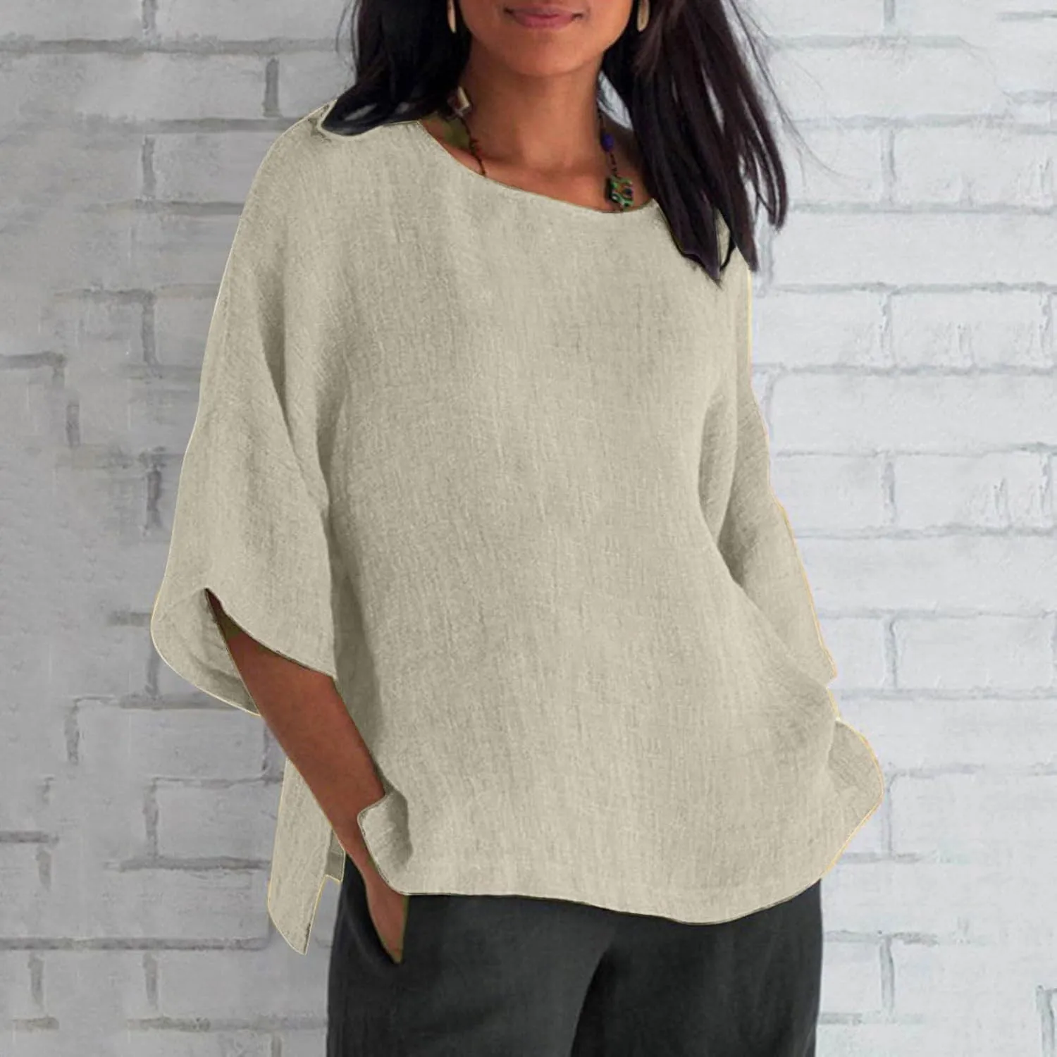 Womens Cotton Linen Summer Tops 3/4 Length Sleeve Tunic Blouses Gauze Boho Shirts Trendy Loose Fit Clothing 2024