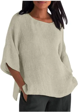 Womens Cotton Linen Summer Tops 3/4 Length Sleeve Tunic Blouses Gauze Boho Shirts Trendy Loose Fit Clothing 2024