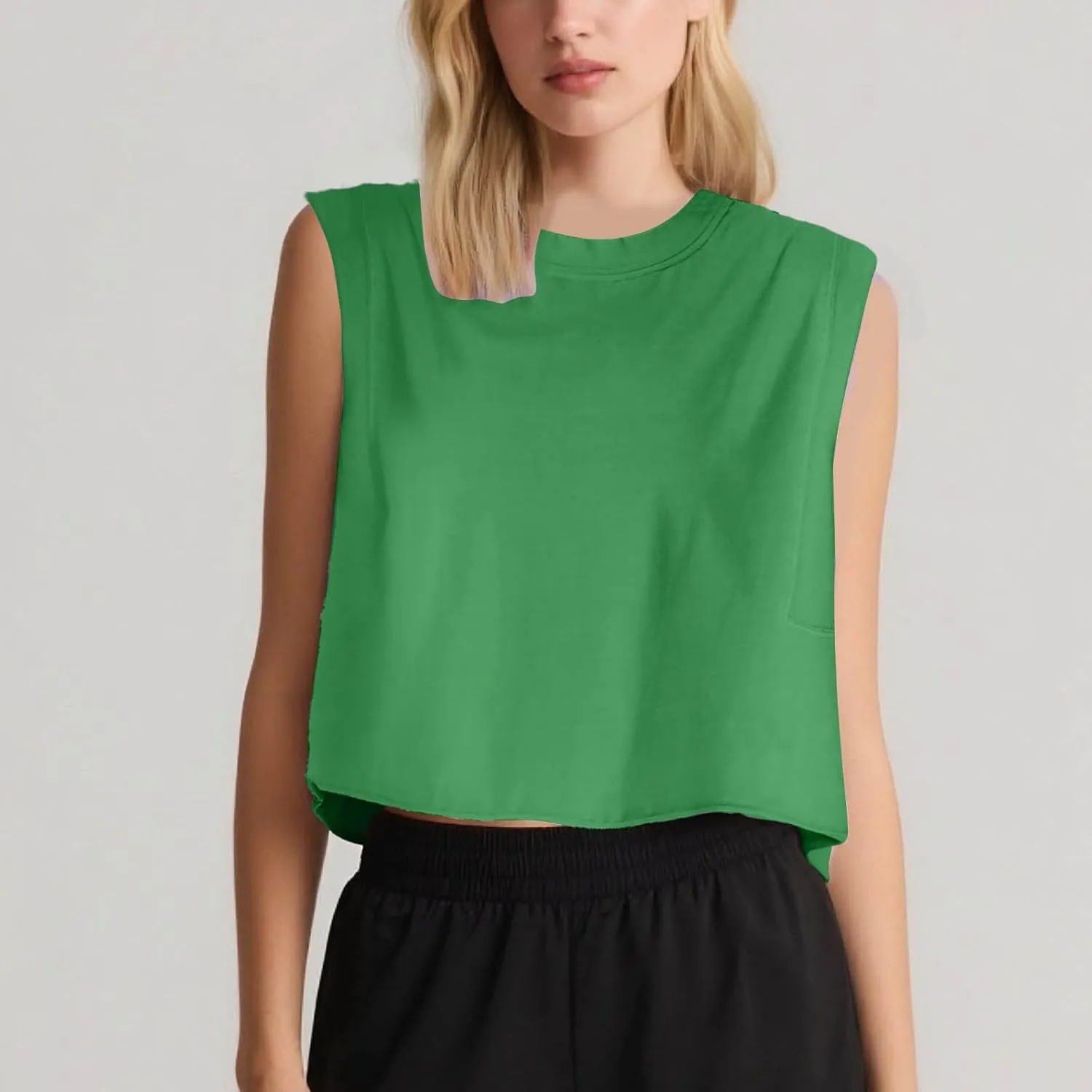Womens Crew Neck Loose Crop Tank Tops Workout Casual Sleeveless T-Shirt Sexy Going Out Tops