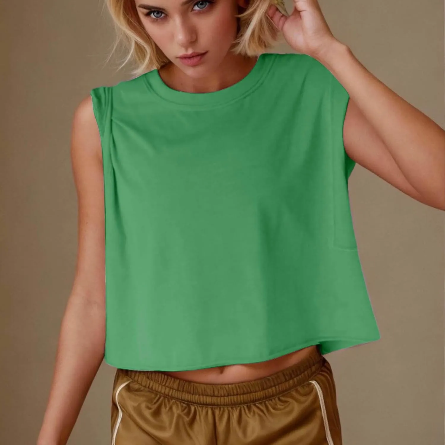 Womens Crew Neck Loose Crop Tank Tops Workout Casual Sleeveless T-Shirt Sexy Going Out Tops