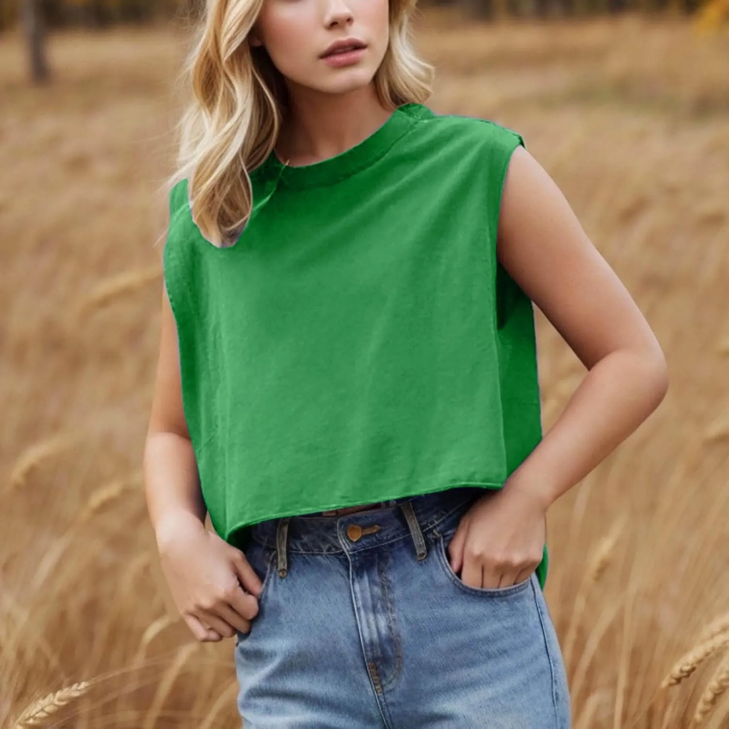 Womens Crew Neck Loose Crop Tank Tops Workout Casual Sleeveless T-Shirt Sexy Going Out Tops