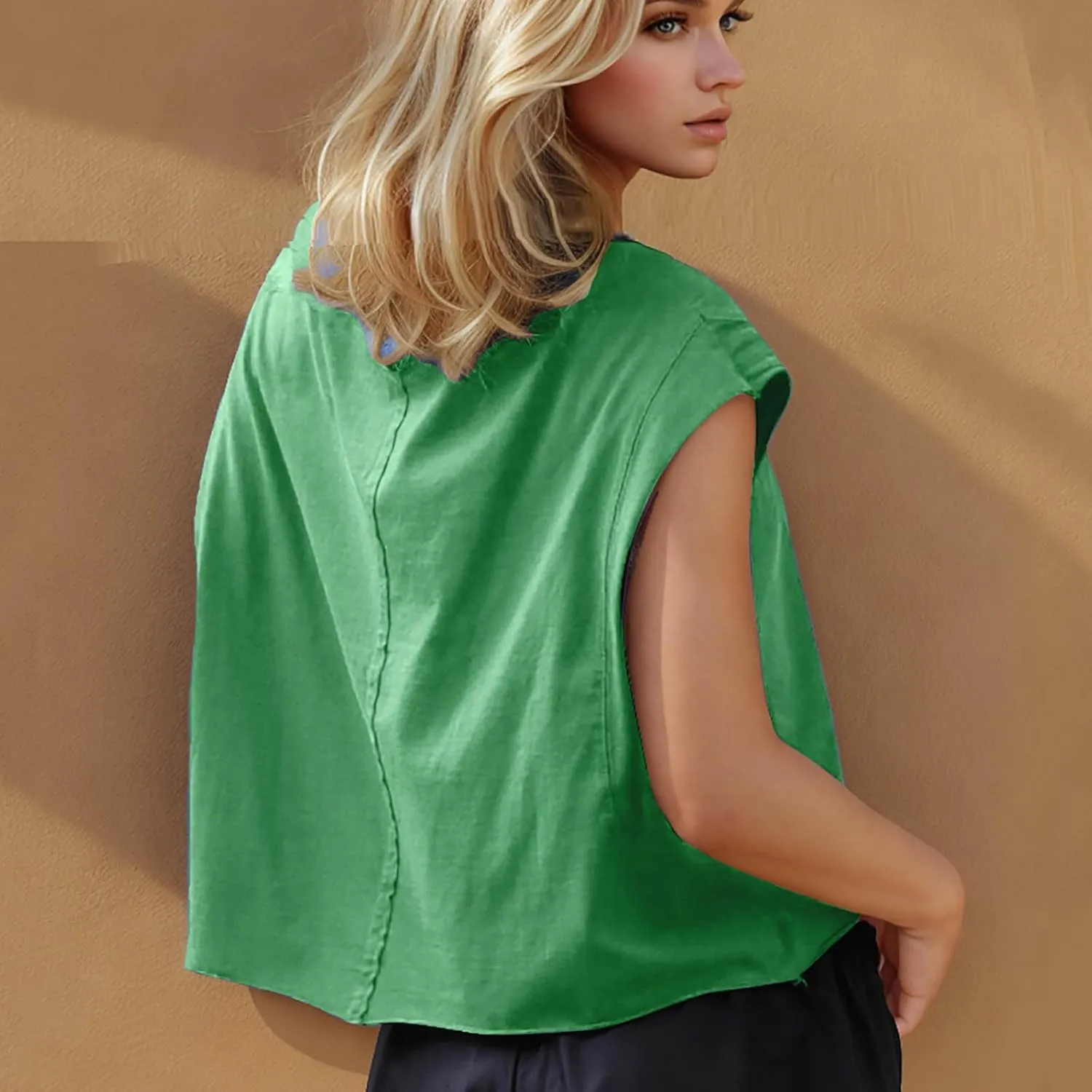 Womens Crew Neck Loose Crop Tank Tops Workout Casual Sleeveless T-Shirt Sexy Going Out Tops