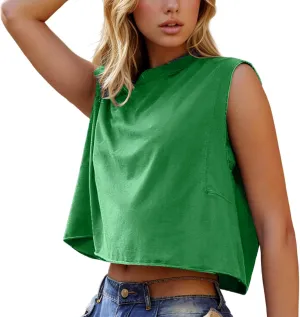 Womens Crew Neck Loose Crop Tank Tops Workout Casual Sleeveless T-Shirt Sexy Going Out Tops