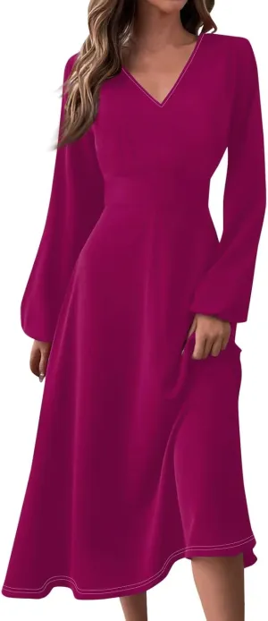 Womens Dresses V Neck Long Sleeve Dresses Maxi Printed Dresses Fall Soft Dress Fashion Elegant Dress Casual Dresses