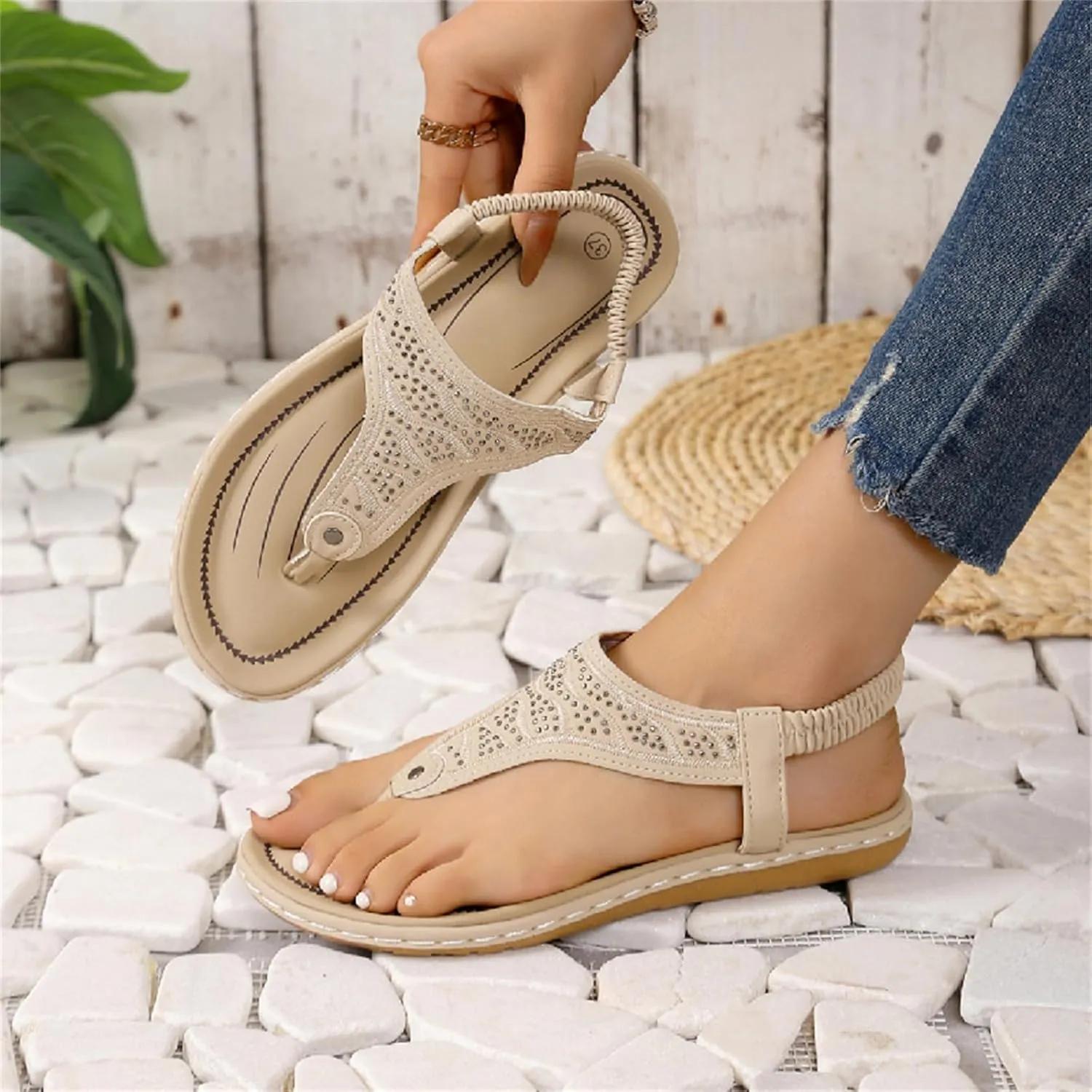 Womens Dressy Sandals Summer Comfortable Walking Flat Bohemian T Strap Arch Support Casual Ankle Elastic Flip Flops Comfy Sandals