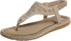 Womens Dressy Sandals Summer Comfortable Walking Flat Bohemian T Strap Arch Support Casual Ankle Elastic Flip Flops Comfy Sandals