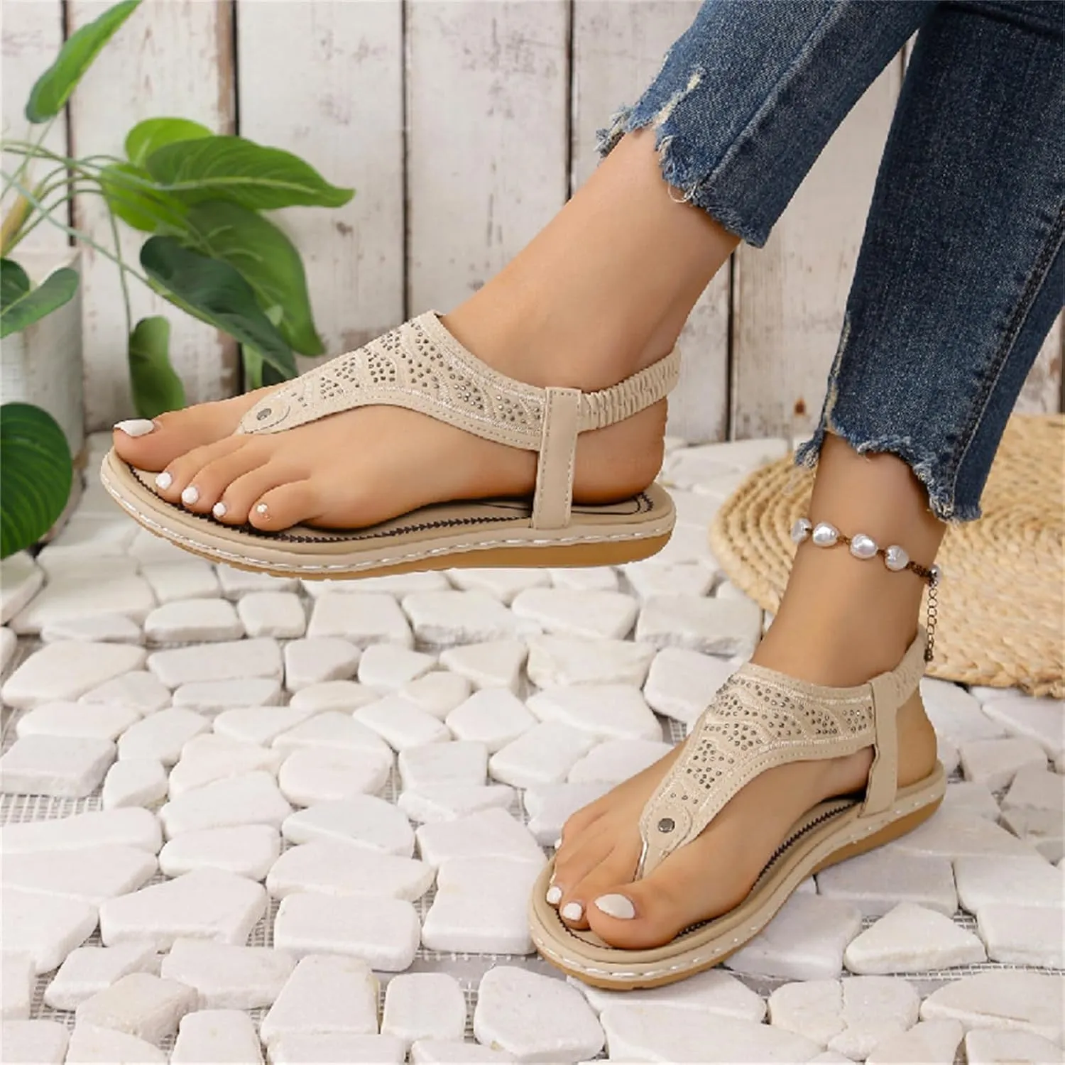 Womens Dressy Sandals Summer Comfortable Walking Flat Bohemian T Strap Arch Support Casual Ankle Elastic Flip Flops Comfy Sandals
