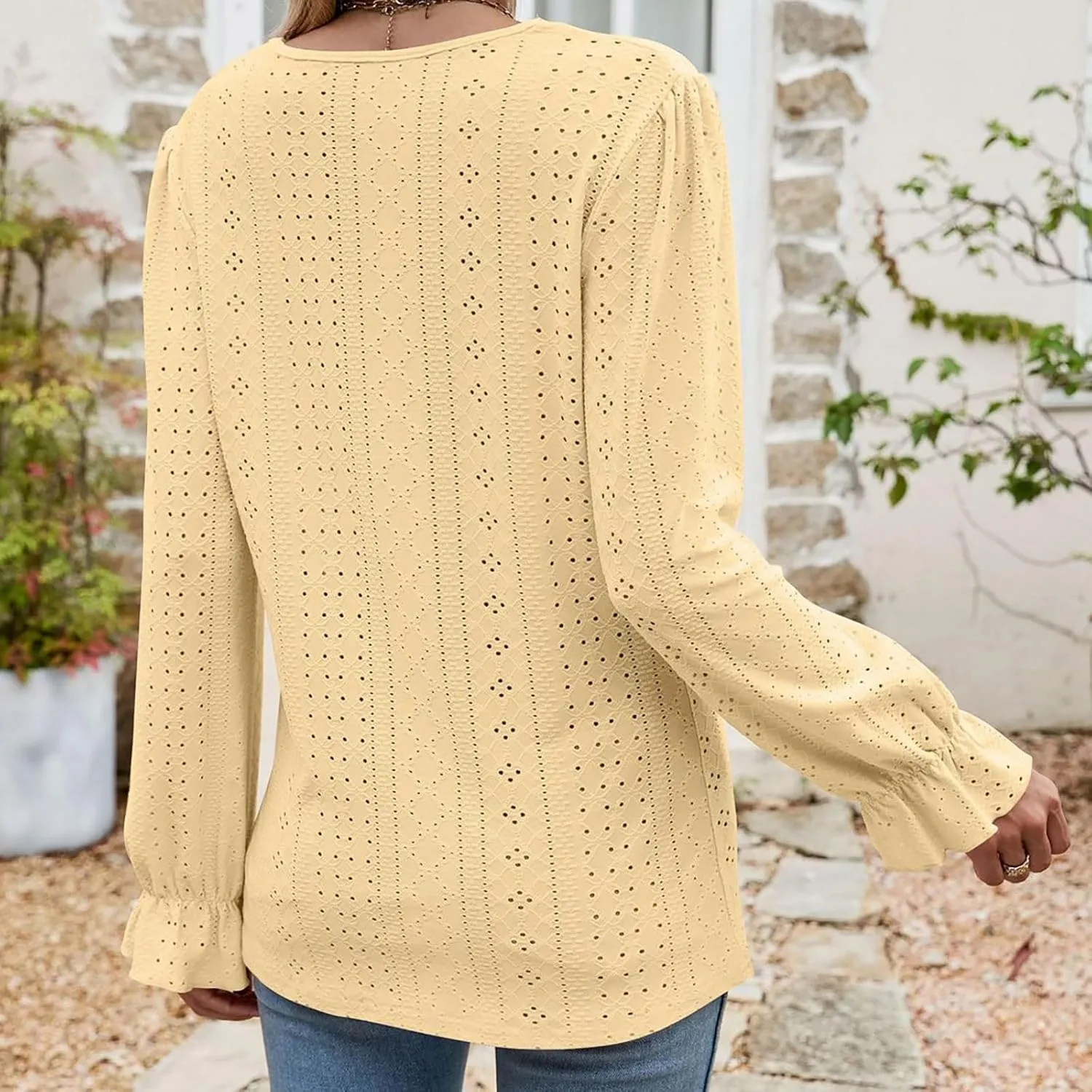 Womens Elegant T Shirts Casual Hollow Out Embroidered Ruffle Trim Long Sleeve Blouse Fashion V Neck Party Holiday Top