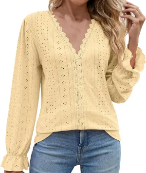 Womens Elegant T Shirts Casual Hollow Out Embroidered Ruffle Trim Long Sleeve Blouse Fashion V Neck Party Holiday Top