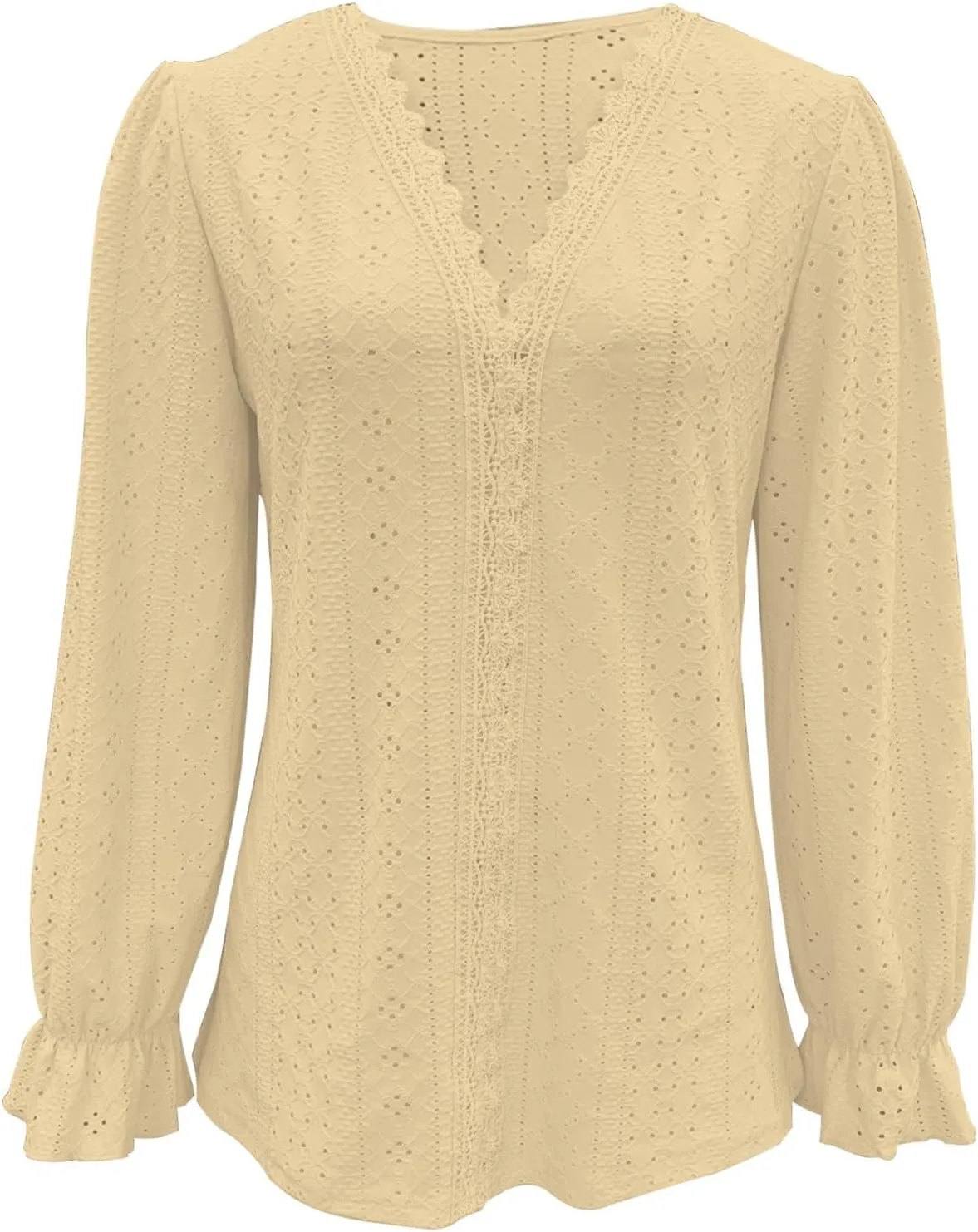Womens Elegant T Shirts Casual Hollow Out Embroidered Ruffle Trim Long Sleeve Blouse Fashion V Neck Party Holiday Top