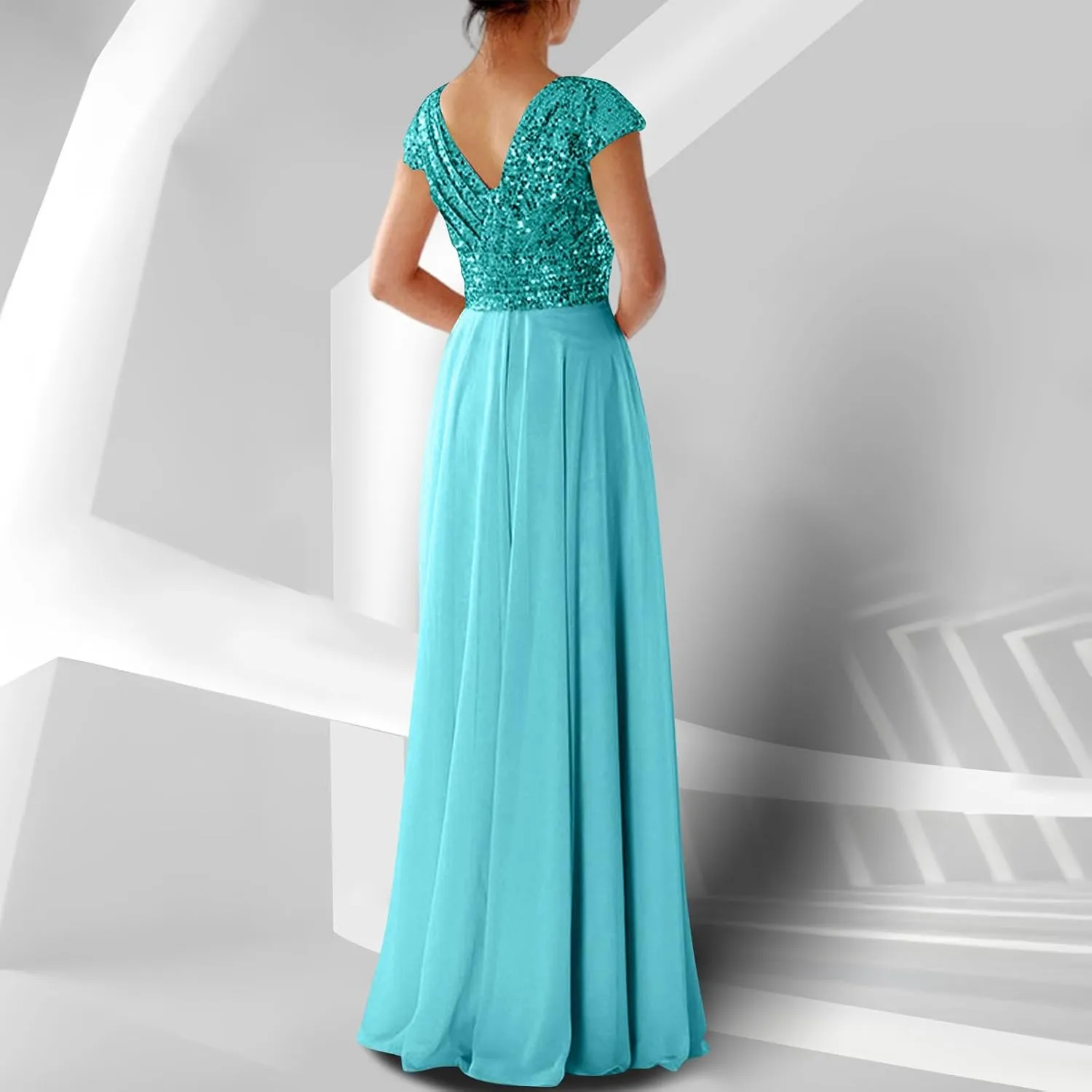 Women's Elegant V-Neck Sequin Dress Mother of The Bride Lace Chiffon Patchwork Maxi Dress Wedding Evening Party Gown