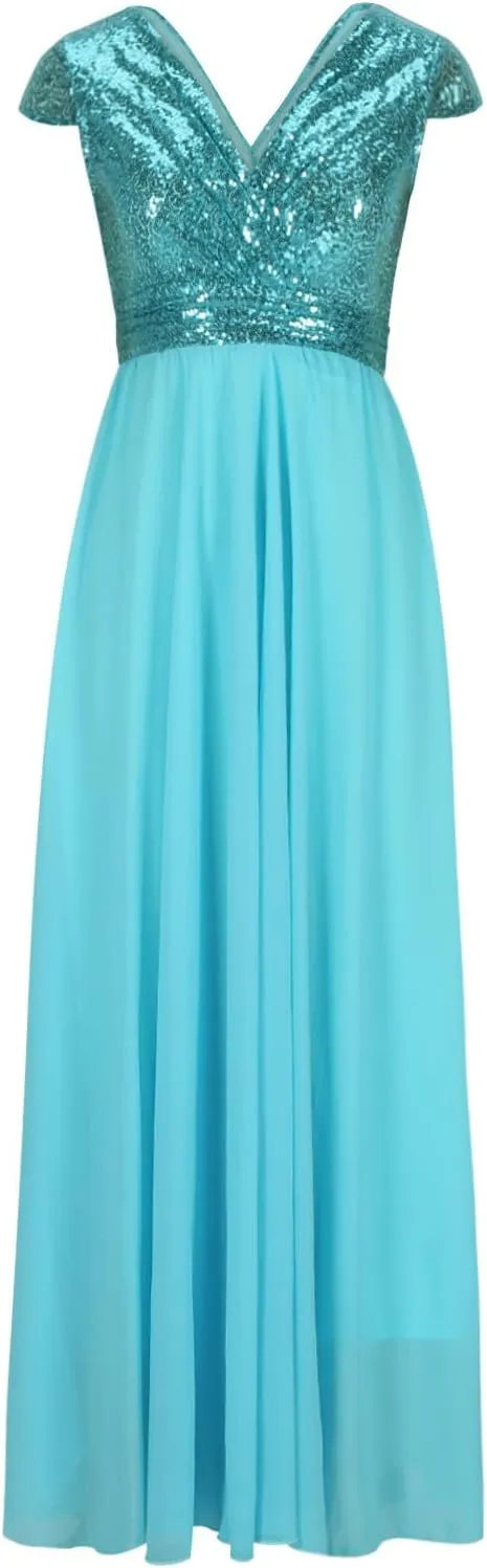 Women's Elegant V-Neck Sequin Dress Mother of The Bride Lace Chiffon Patchwork Maxi Dress Wedding Evening Party Gown