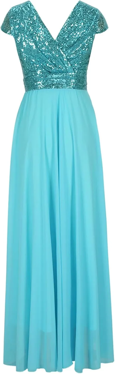 Women's Elegant V-Neck Sequin Dress Mother of The Bride Lace Chiffon Patchwork Maxi Dress Wedding Evening Party Gown