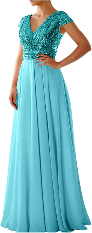 Women's Elegant V-Neck Sequin Dress Mother of The Bride Lace Chiffon Patchwork Maxi Dress Wedding Evening Party Gown