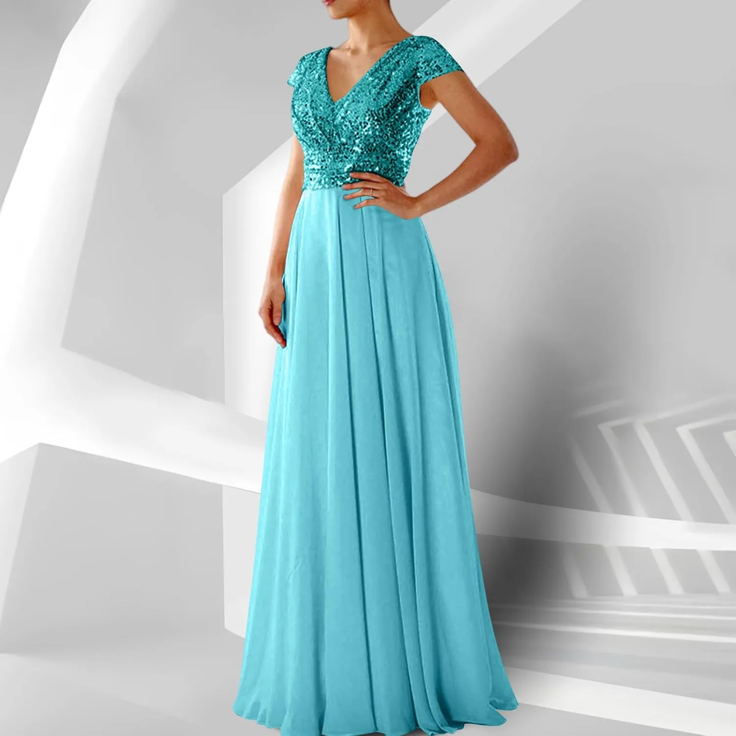 Women's Elegant V-Neck Sequin Dress Mother of The Bride Lace Chiffon Patchwork Maxi Dress Wedding Evening Party Gown