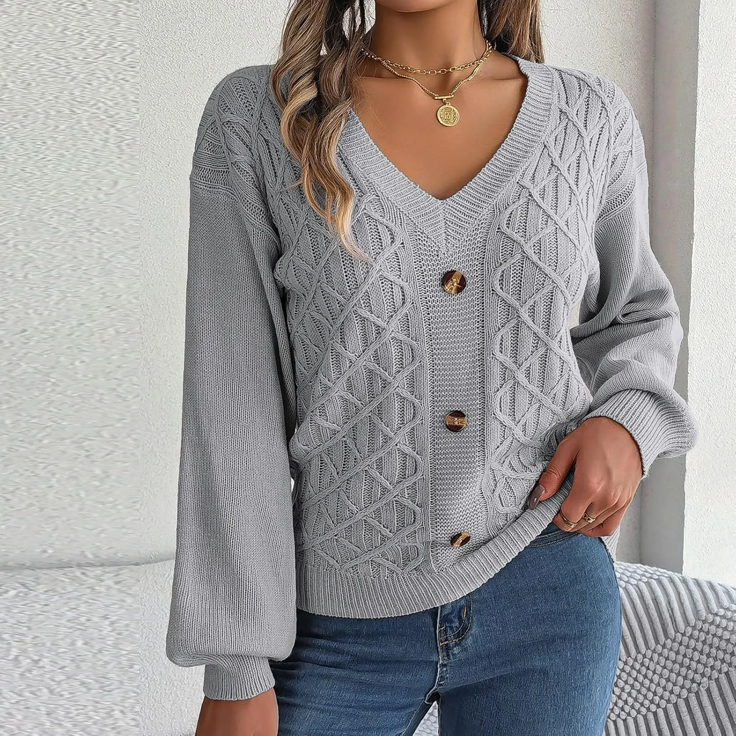 Women's Fall Tops 2024 Fashion Button V Neck Lantern Sleeve Shirts Blouse Knitted Casual Pullover Sweater Tops Cozy