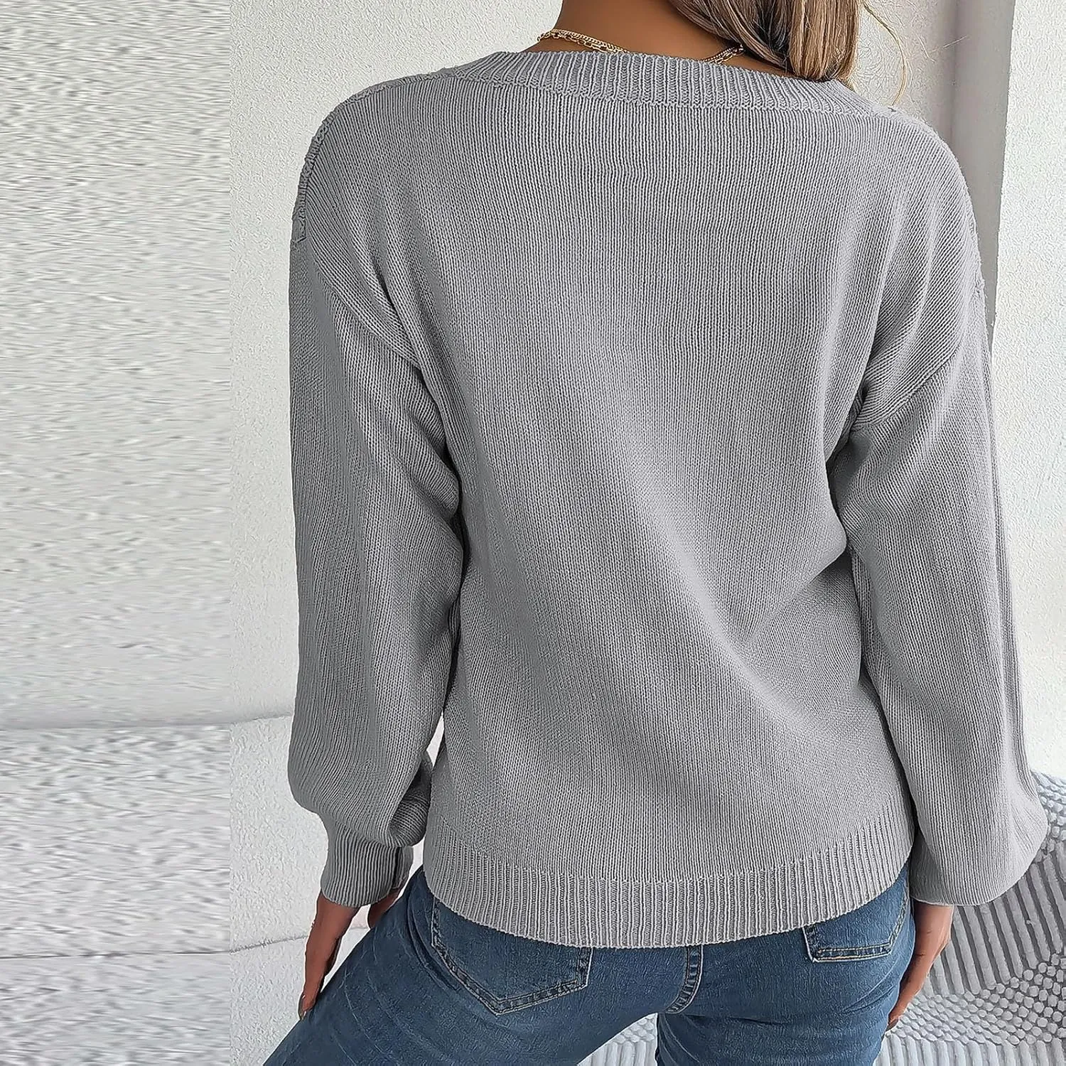 Women's Fall Tops 2024 Fashion Button V Neck Lantern Sleeve Shirts Blouse Knitted Casual Pullover Sweater Tops Cozy