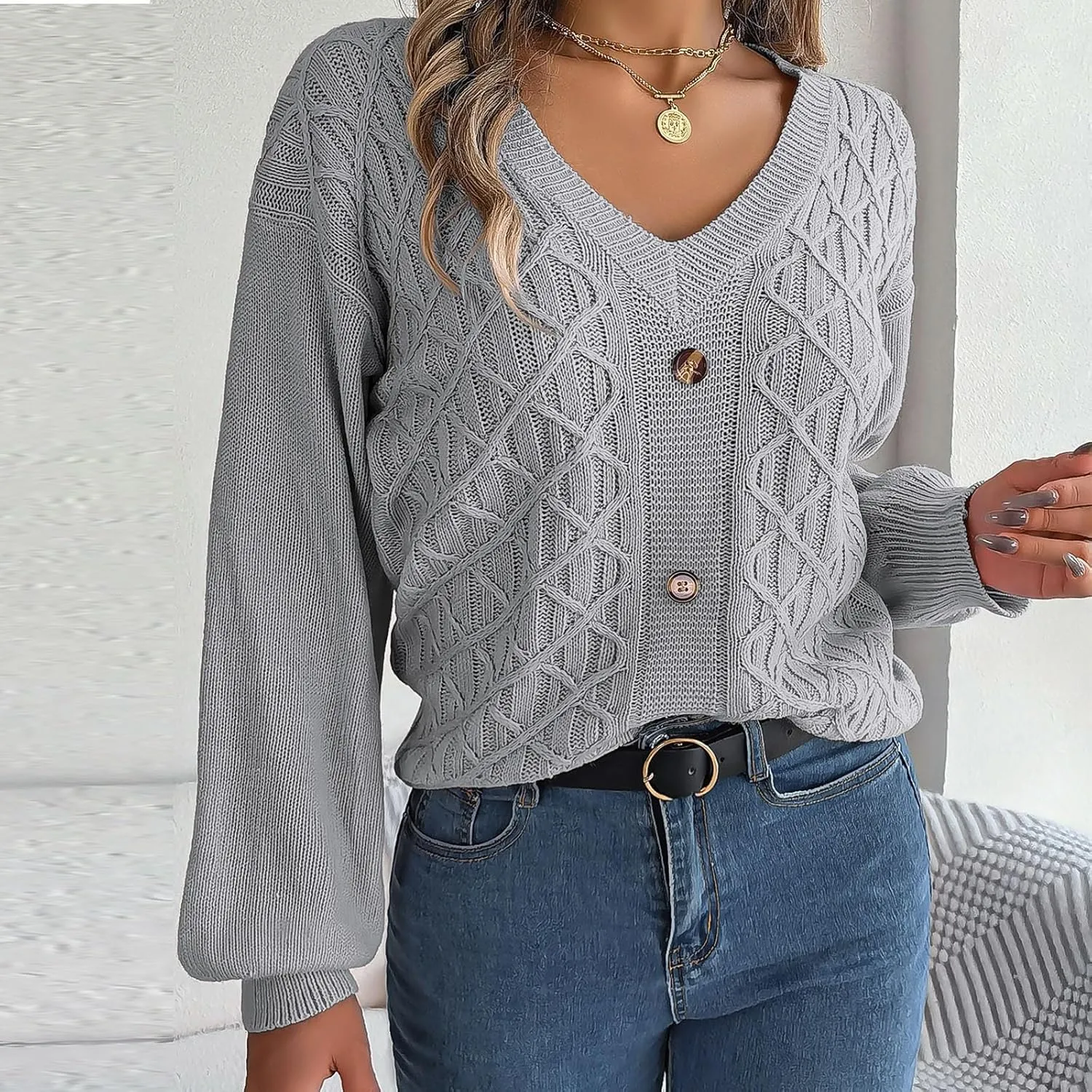 Women's Fall Tops 2024 Fashion Button V Neck Lantern Sleeve Shirts Blouse Knitted Casual Pullover Sweater Tops Cozy
