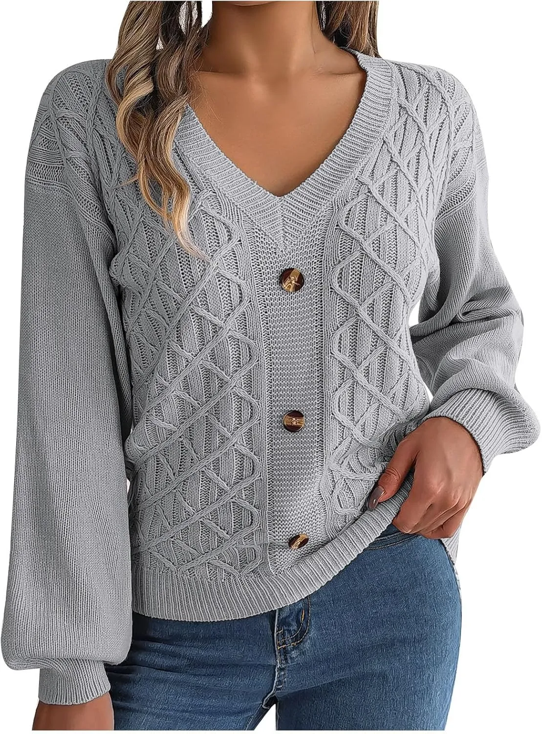 Women's Fall Tops 2024 Fashion Button V Neck Lantern Sleeve Shirts Blouse Knitted Casual Pullover Sweater Tops Cozy