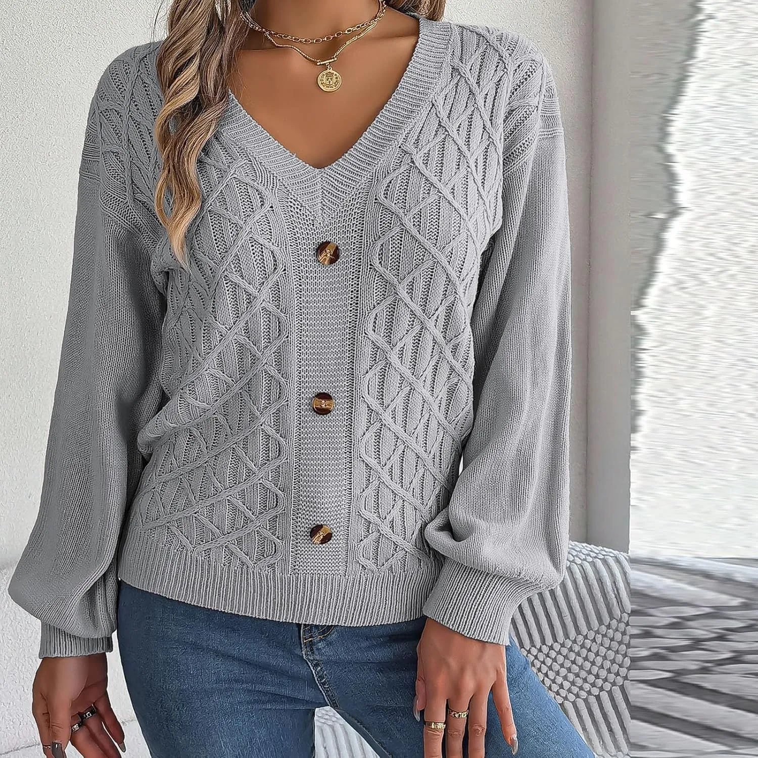 Women's Fall Tops 2024 Fashion Button V Neck Lantern Sleeve Shirts Blouse Knitted Casual Pullover Sweater Tops Cozy