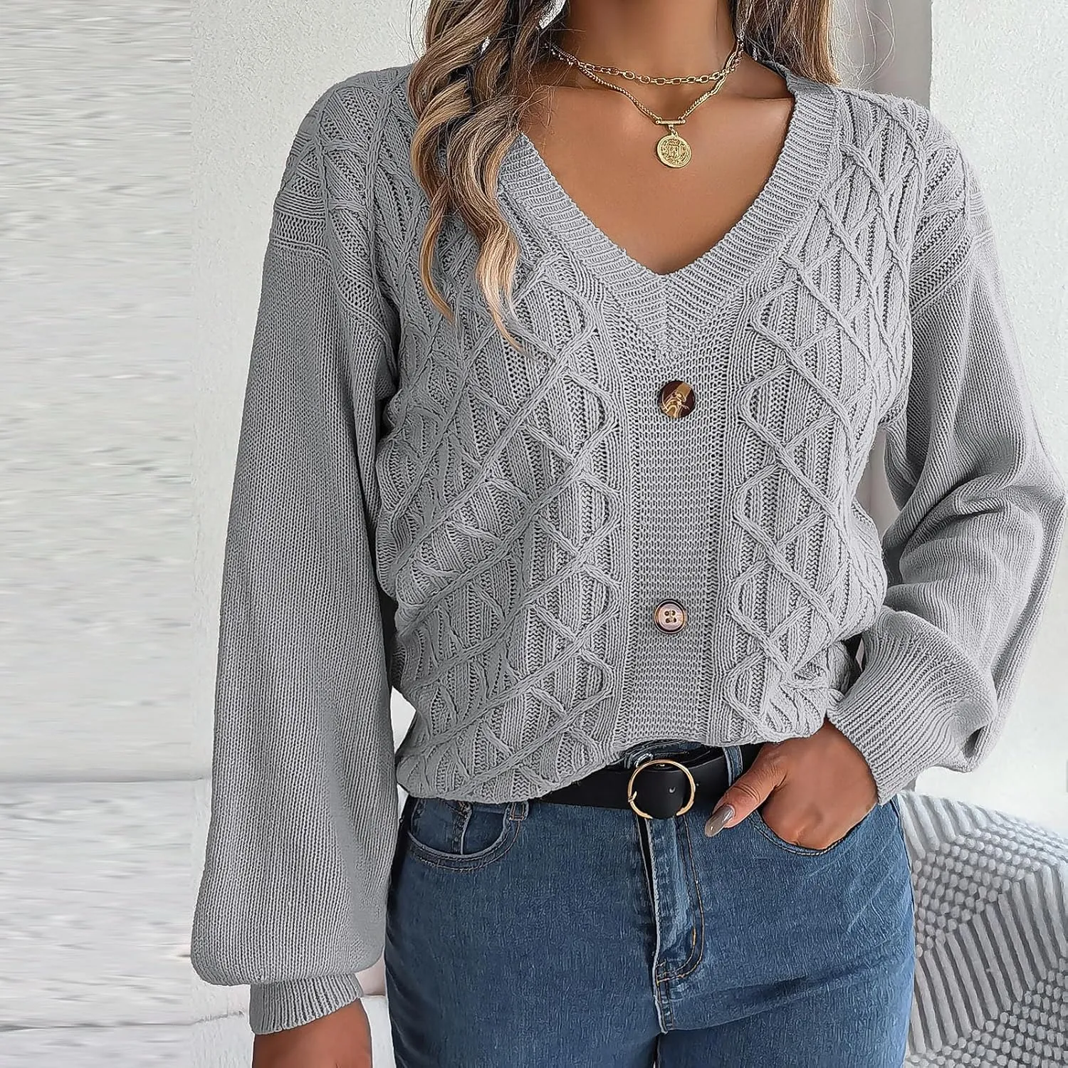 Women's Fall Tops 2024 Fashion Button V Neck Lantern Sleeve Shirts Blouse Knitted Casual Pullover Sweater Tops Cozy