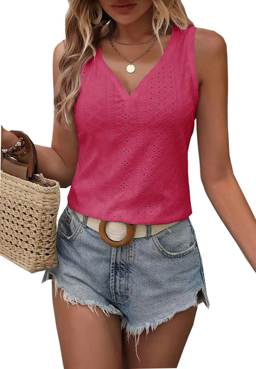Womens Fashion Tank Tops Solid Color Hollow Tops Summer Casual Loose Flowy Shirt Tanks Vest Vacation Sleeveless Shirts