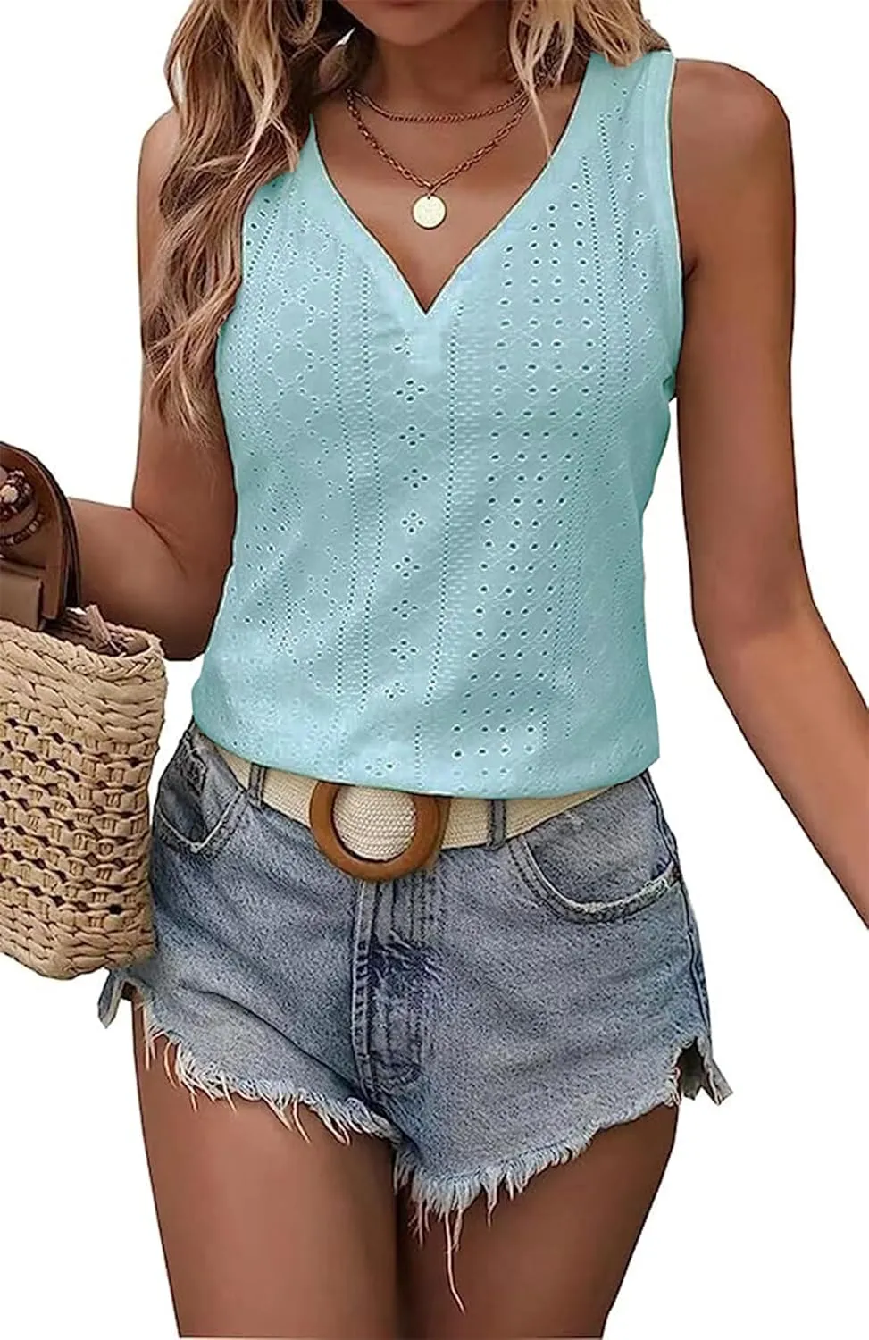 Womens Fashion Tank Tops Solid Color Hollow Tops Summer Casual Loose Flowy Shirt Tanks Vest Vacation Sleeveless Shirts