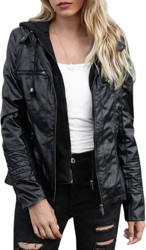 Womens Faux Leather Jacket Lambskin Bomber Leather Jacket Casual Moto Biker Zip up Coat with Removeable Hood