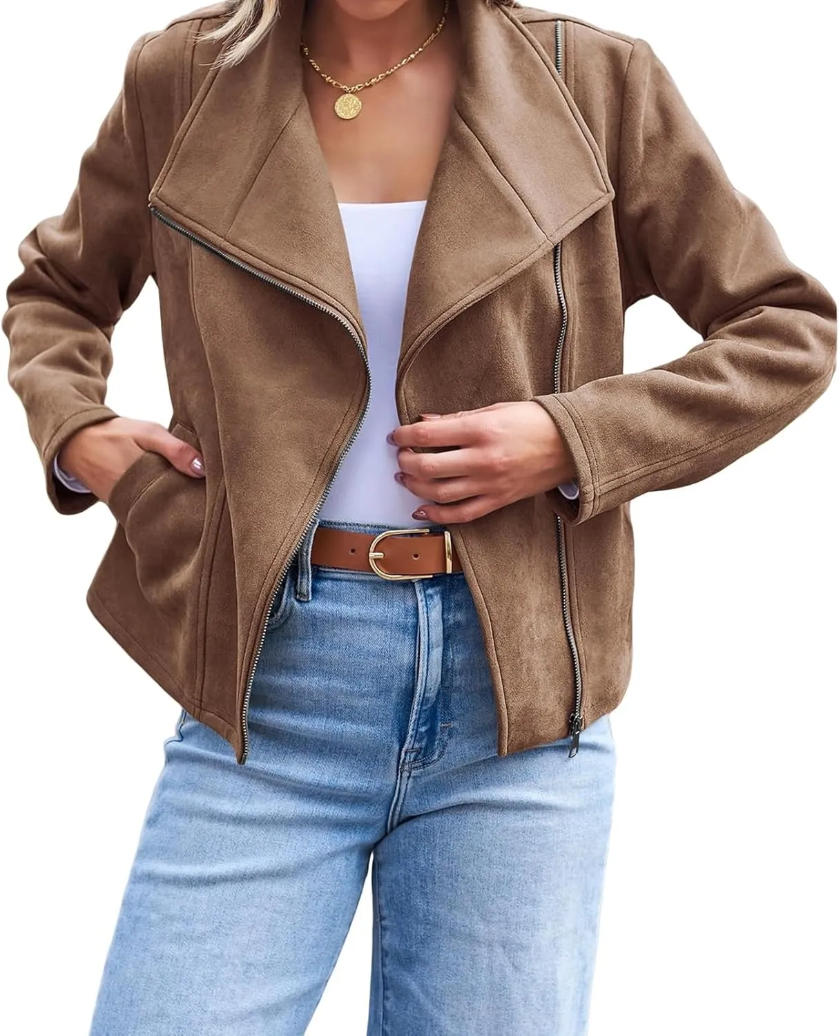Women's Faux Suede Leather Jacket Casual Zip Up Cropped Coat Fall Fashion Lapel Collar Outwear Biker Moto Jackets