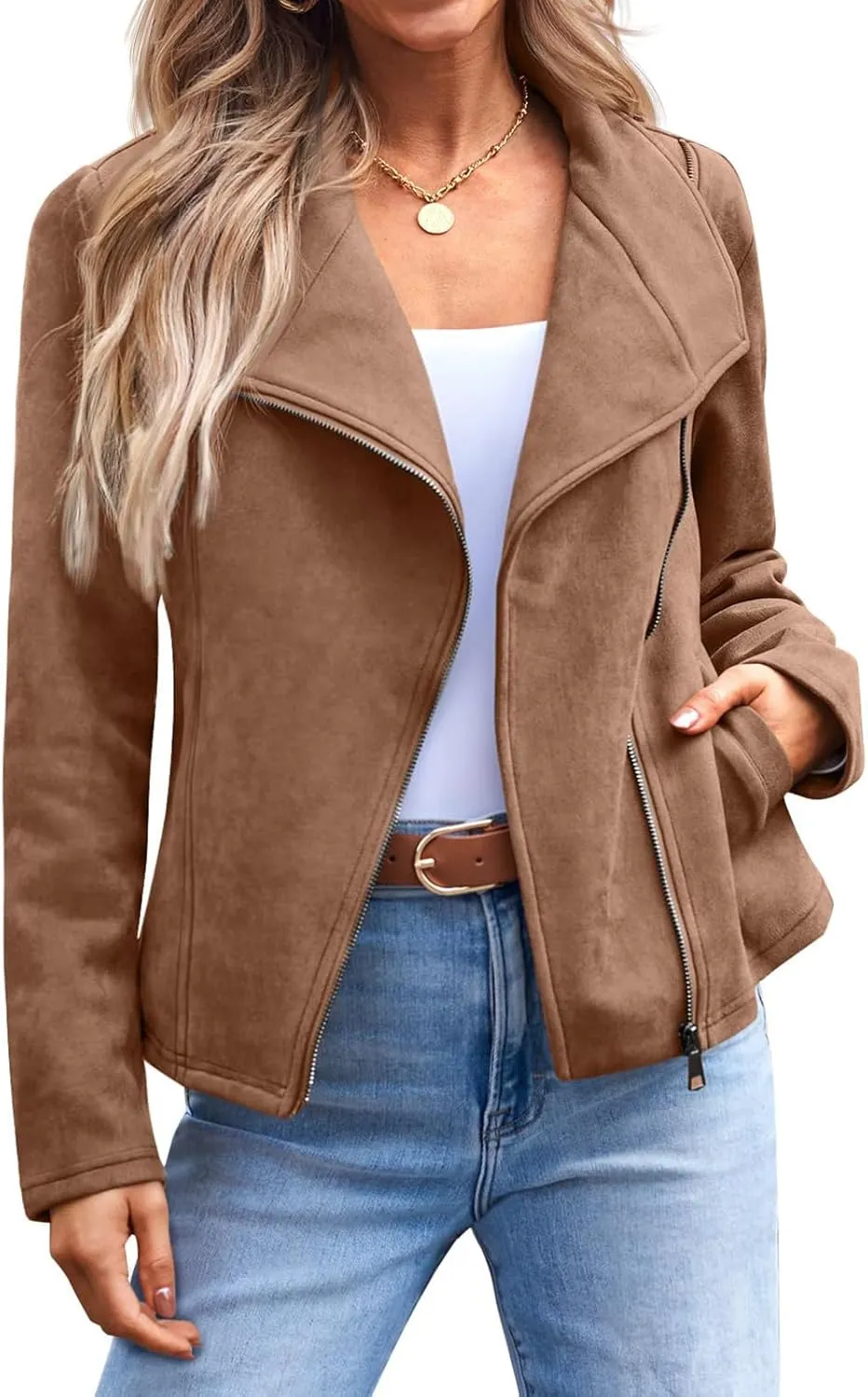 Women's Faux Suede Leather Jacket Casual Zip Up Cropped Coat Fall Fashion Lapel Collar Outwear Biker Moto Jackets